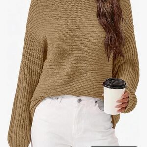 Relaxed Rib-Knit Scoop Sweater in Camel